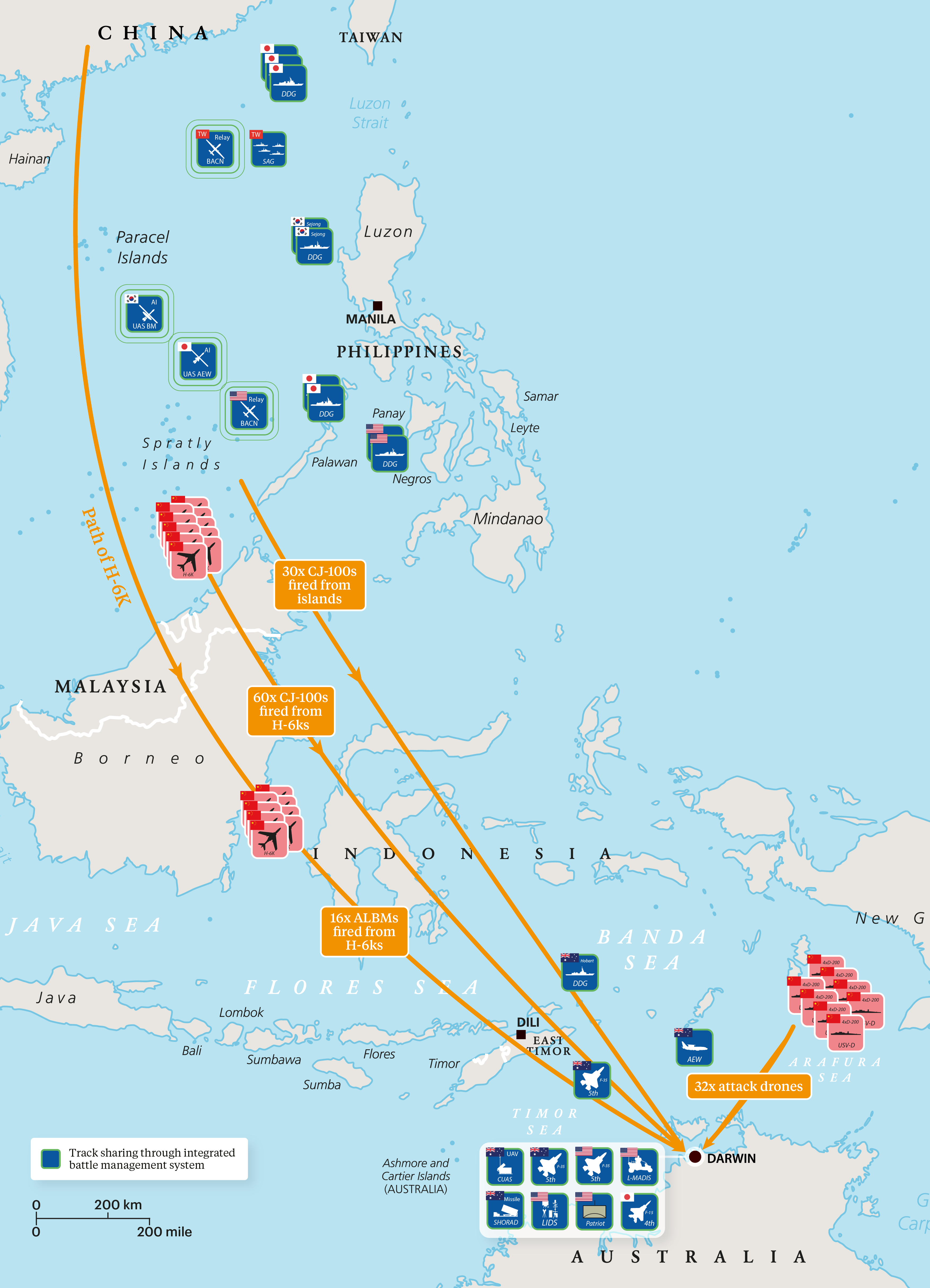 Figure 2. Coalition air and missile defence strengthening an Australian defence of Darwin demonstrating the long sense and short defense operating concept.