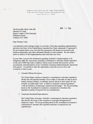 Letter from the US Trade Representative Bob Zoellick to the Australian Trade Minister during 2004 negotiations