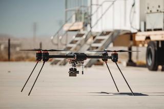 An unmanned aerial vehicle sits ready for use during a Defense Innovation Unit Blue UAS Refresh Challenge at Marine Corps Air Ground Combat Center, California, November 2024.