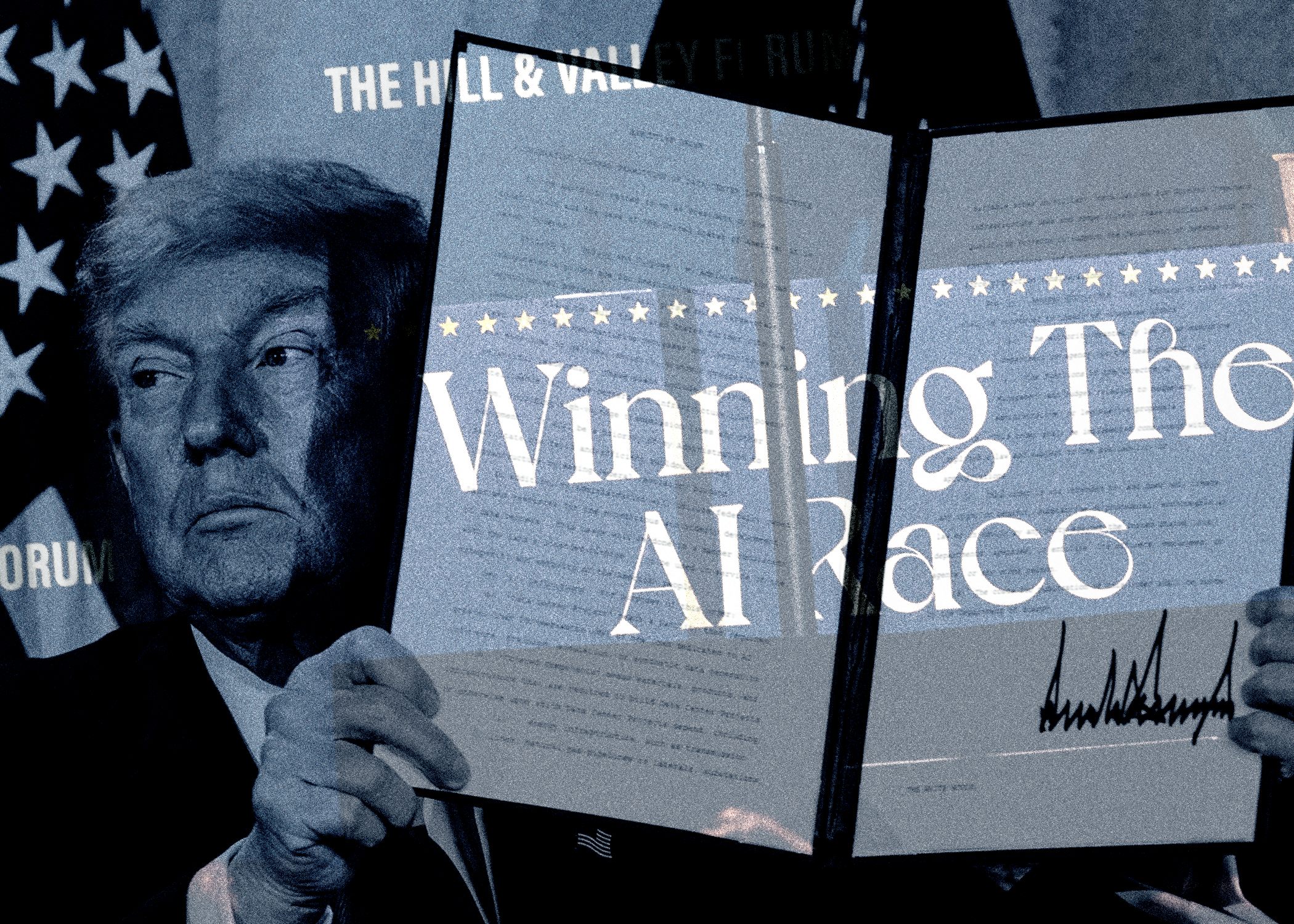 Donald Trump holding up an Executive Order on AI.