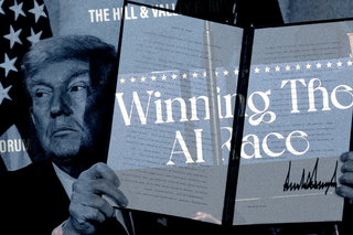 Donald Trump holding up an Executive Order on AI.