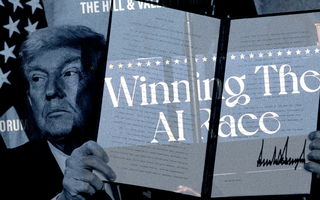 Donald Trump holding up an Executive Order on AI.