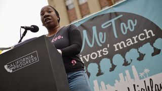 Tarana Burke, the original creator of the “Me Too” hashtag, speaks at a march in November 2017