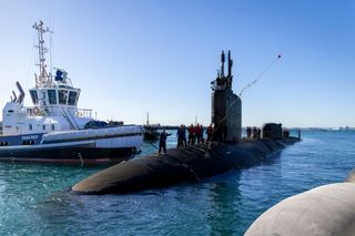US Navy Virginia-class submarine USS North Carolina arrives at Fleet Base West, August 2023