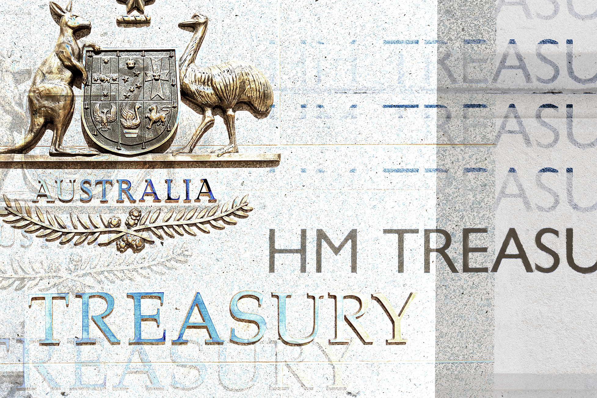 Australian Treasury bronze sign overlayed with UK Treasury (HM Treasury) sign