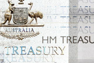 Australian Treasury bronze sign overlayed with UK Treasury (HM Treasury) sign