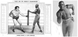L: A preview card for the World Heavyweight bout between Tommy Burns and Jack Johnson in Sydney, 1908; R: Boxer Jack Johnson poses ahead of the Sydney title bout