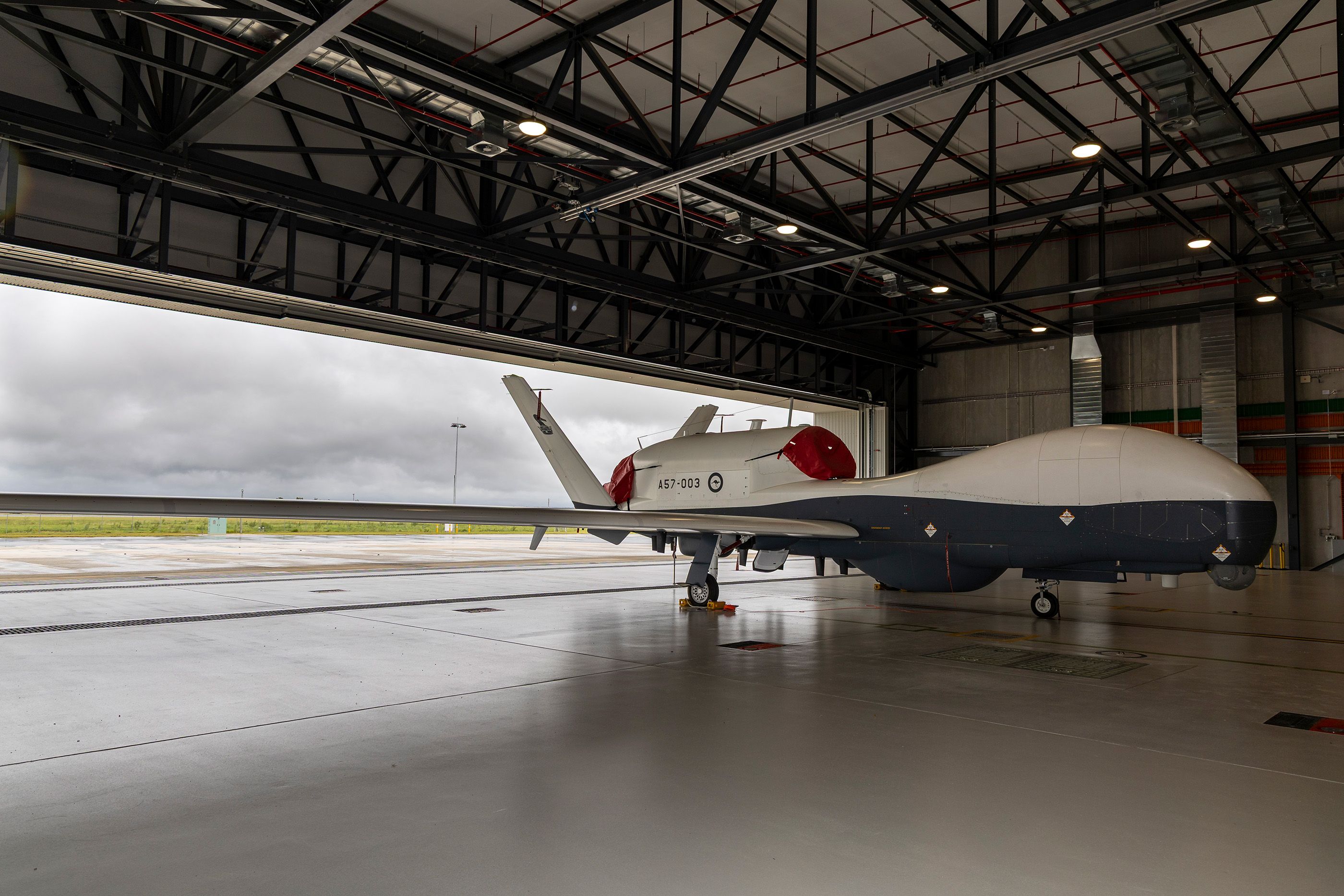 An Australian MQ-4C Triton long-range surveillance drone in its new Hangar at RAAF Base Tindal, Northern Territory.
