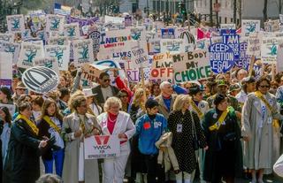 Marchers at the March for Women's Lives rally in Washington DC, 5 April 1992. The march was held as a response to the pending Planned Parenthood v. Casey case.