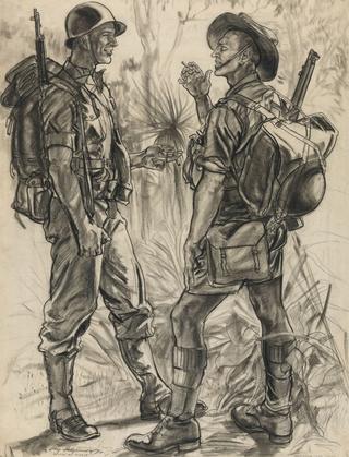 ‘Battin’ the breeze,’ Roy Cecil Hodgkinson’s 1942 drawing of Sergeant FK Nielsen, 9 Fighter Squadron USAAF (left) with Private Sam Brook, Darwin, capturing a typical American GI and typical ‘digger.’ The American phrase ‘battin’ the breeze’ was a colloquial reference to a chat