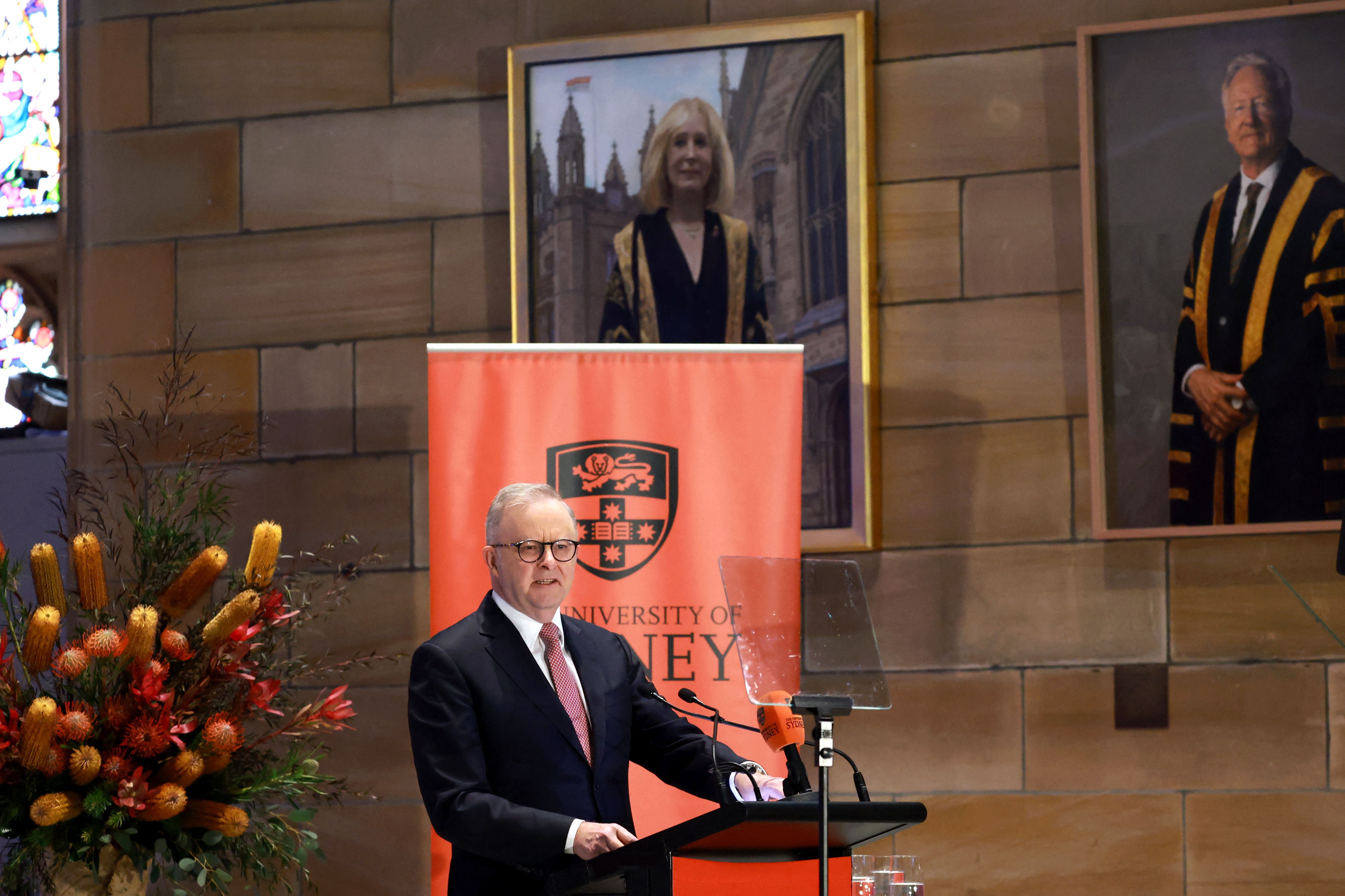 Australia's Prime Minister Anthony Albanese speaks during an official event at Sydney University in Sydney on July 15, 2026. Australia will legislate national standards for artificial intelligence to ensure the water and power usage of data centres don't raise prices for communities, Prime Minister Albanese said July 15. 