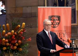 Australia's Prime Minister Anthony Albanese speaks during an official event at Sydney University in Sydney on July 15, 2026. Australia will legislate national standards for artificial intelligence to ensure the water and power usage of data centres don't raise prices for communities, Prime Minister Albanese said July 15.
