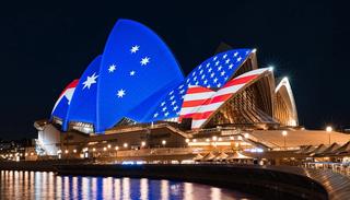 To celebrate the 70th anniversary of the signing of the ANZUS Treaty the Australian and US flags were projected on to the sails of Sydney Opera House (Copyright: United States Studies Centre/Daniel Linnet)
