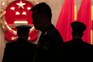 Members of the Chinese Military delegation arrive at the closing session of the National People’s Congress at the Great Hall of the People on March 12, 2026 in Beijing, China.