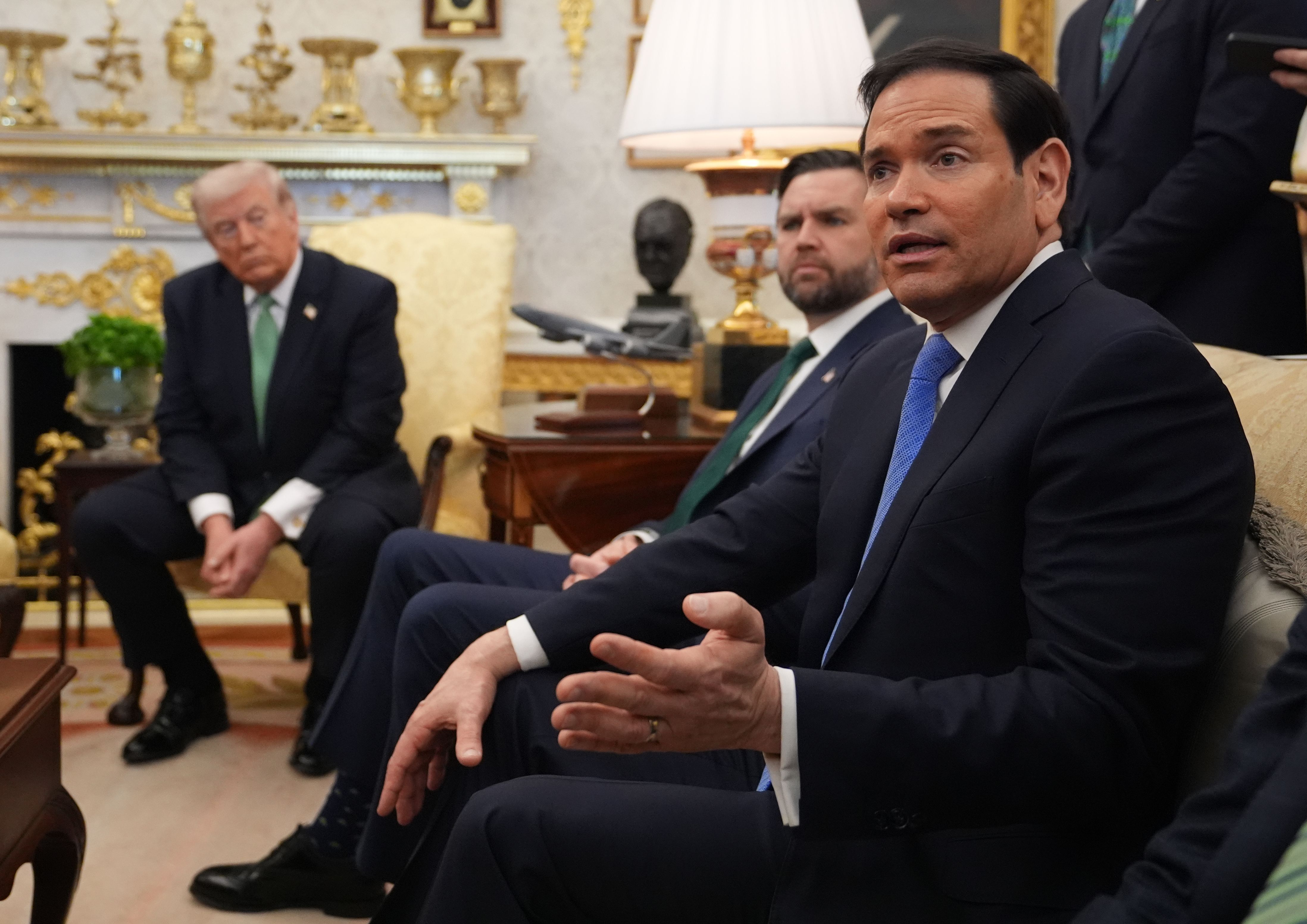 US President Donald Trump, US Vice President JD Vance and US Secretary of State Marco Rubio in the Oval Office at the White House in Washington DC, during a bilateral meeting with Taoiseach Micheal Martin as part of his visit to the US for St Patrick's Day. 