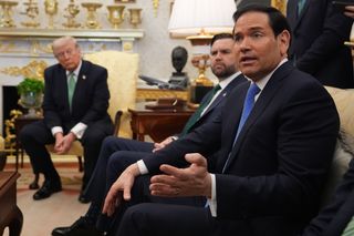 US President Donald Trump, US Vice President JD Vance and US Secretary of State Marco Rubio in the Oval Office at the White House in Washington DC, during a bilateral meeting with Taoiseach Micheal Martin as part of his visit to the US for St Patrick's Day.