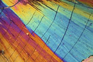 Thulium is precipitated from a solution on a microscope slide and photographed in polarised light