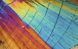 Thulium is precipitated from a solution on a microscope slide and photographed in polarised light