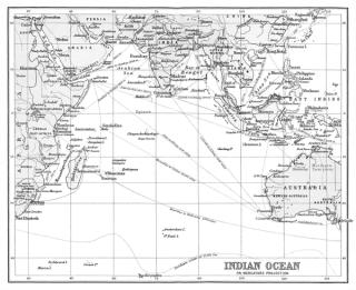 Old chromolithograph map of the Indian Ocean.