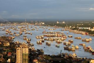 Hundreds of vessels are seen anchored in Karnafuli river in Bangladesh, 2021.