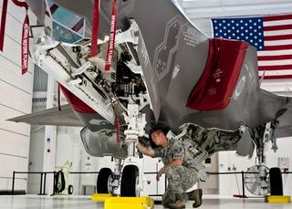 Staff Sergeant Michael Sanders of the 58th Aircraft Maintenance Squadron checks out an F-35A Joint Strike Fighter at Eglin Air Force Base, Florida.