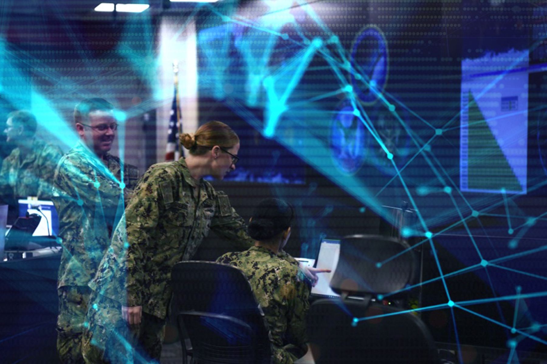 A graphic shows the watch floor of Navy Fleet Cyber Command