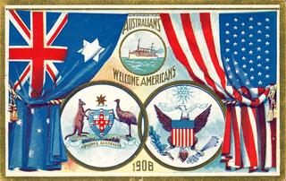 Postcard commemorating the visit to Australia of the American ‘Great White Fleet’ in 1908
