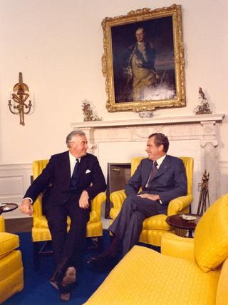 President Richard Nixon and Prime Minister Gough Whitlam meeting in the Oval Office, 1973