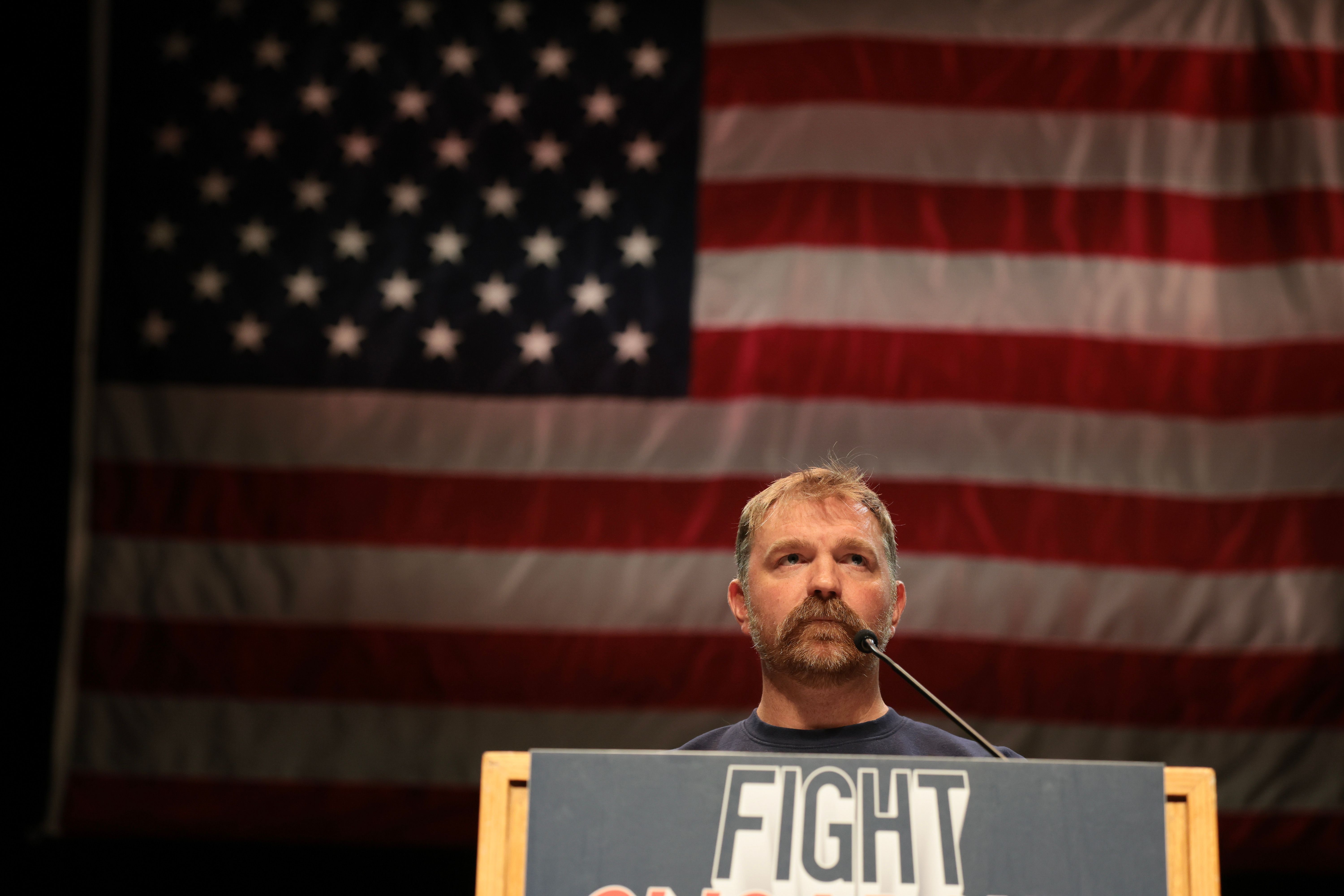 Democratic U.S. Senate candidate Graham Platner speaks at a “Fighting Oligarchy” tour stop held by Sen. Bernie Sanders (I-VT) at the Collins Center for the Arts on the University of Maine campus on May 24, 2026 in Orono, Maine. 