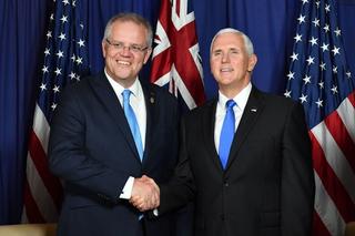 Australia’s Prime Minister Scott Morrison shakes hands with US Vice President Mike Pence during a meeting in Port Moresby ahead of the APEC Summit, November 2018 (Getty Images)