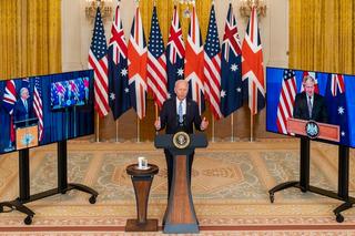 US President Joe Biden, Australian PM Scott Morrison and British PM Boris Johnson at a virtual press conference to announce the AUKUS partnership, September 2021
