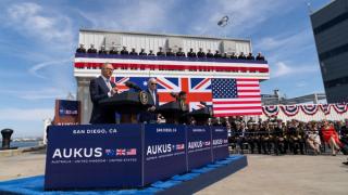 Australian Prime Minister the Hon Anthony Albanese MP, President of the United States Joe Biden and UK Prime Minister Rishi Sunak during the announcement in San Diego for Australia to acquire a conventionally-armed, nuclear-powered submarines through the AUKUS enhanced security partnership