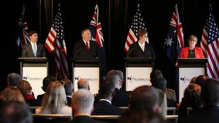 L-R US Secretary of Defense Mark Esper, US Secretary of State Mike Pompeo, Australian Minister for Foreign Affairs Marise Payne, Australian Minister for Defence Linda Reynolds at the annual Australia-United States Ministerial Consultations in Sydney (August 2019)