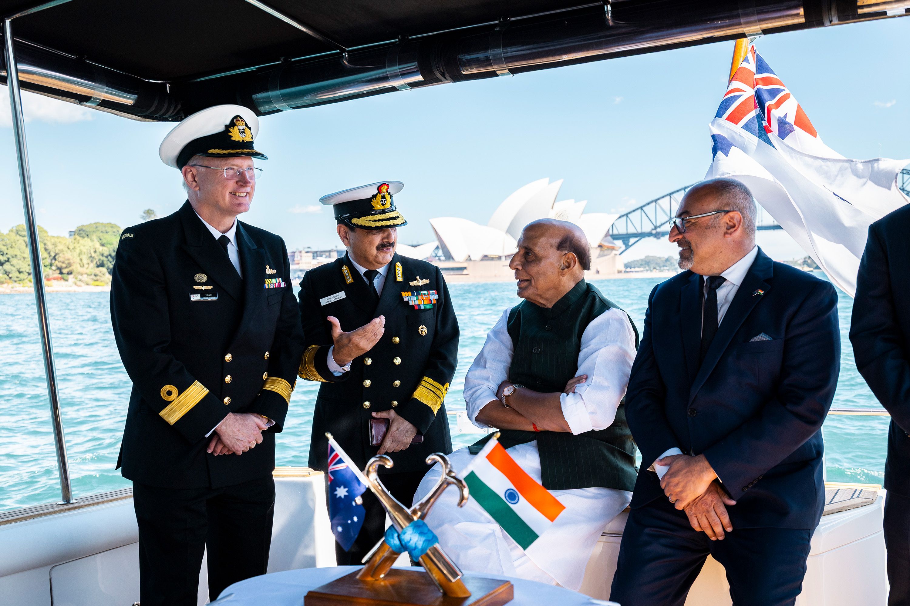 RAN Commodore Heath Robertson, Indian Navy Vice Admiral Sanjay Vatsayan, Indian Defence Minister Shri Rajnath Singh and Australian Assistant Minister for Defence Peter Khalil in Sydney.