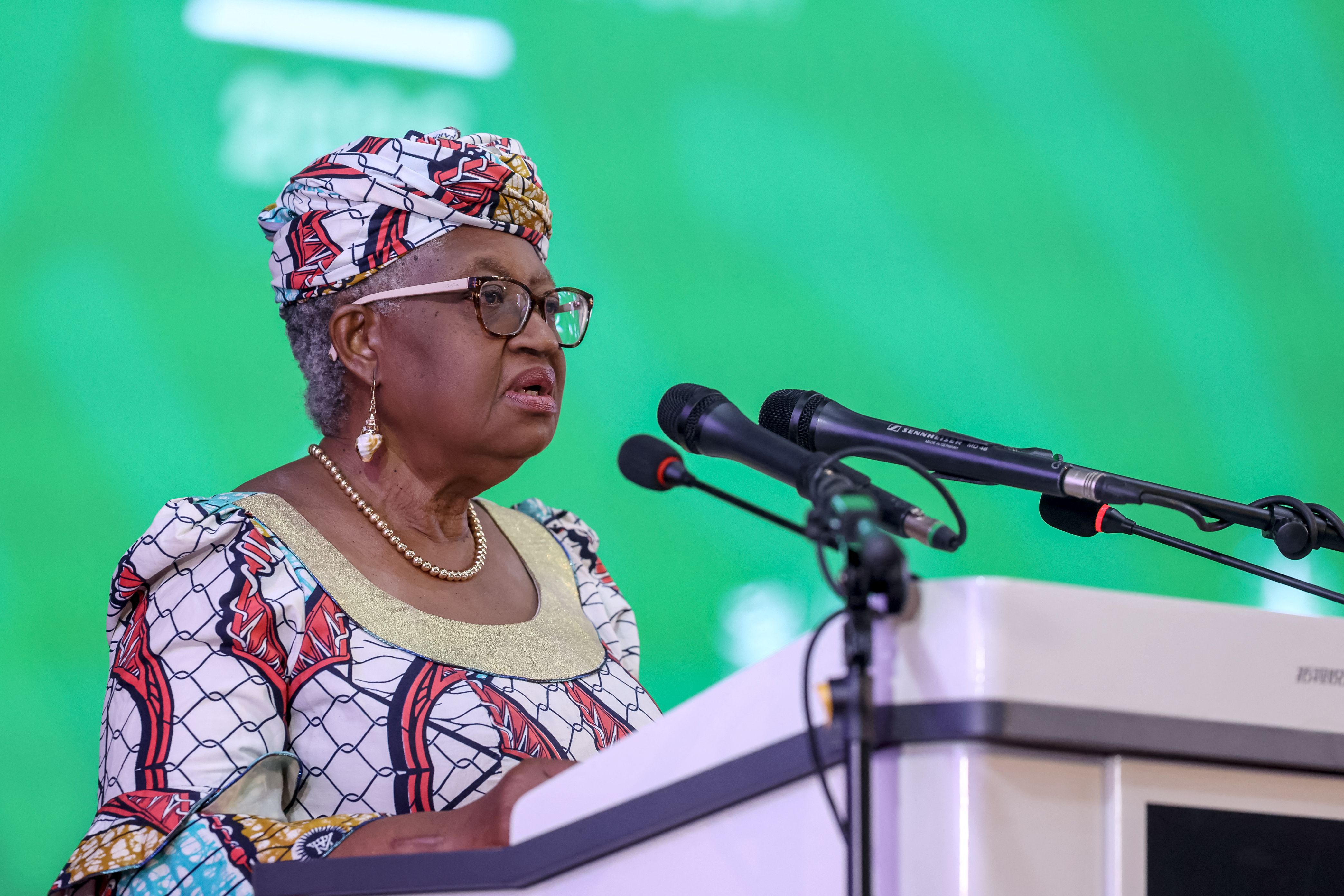 The World Trade Organization (WTO) Director-General Ngozi Okonjo-Iweala speaks during the WTO ministerial conference in Yaounde on March 26, 2026.