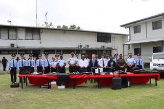 Solomon Islands Minister for Police, National Security and Correctional Services, Anthony Veke, and Chinese Ambassador Li Ming attend a handover ceremony of Chinese-gifted close personal protection equipment to the Royal Solomon Islands Police Force, June 2023