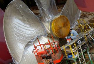 A ship is worked on at the docks of Hyundai Heavy Industries in Ulsan, South Korea.