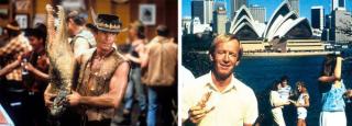 L: Paul Hogan as the titular character in the film, Crocodile Dundee, 1986; R: Paul Hogan throwing a shrimp on the barbie in the Tourism Australia advertising campaign of the 1980s