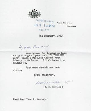 Letter from Kennedy to Menzies, 1962
