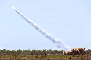 A US Army M142 High Mobility Artillery Rocket System fires a MGM-140 Army Tactical Missile System at Delamere Air Weapons Range, Northern Territory.