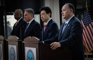US Secretary of Defense Lloyd J. Austin III, Australian Deputy Prime Minister and Minister for Defence Richard Marles, Japanese Minister of Defense Kihara Minoru and Philippines Secretary for National Defense Gilberto Teodoro Jr at a press conference following the Australia-US-Japan-Philippines multilateral dialogue.