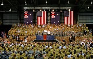 US President Barack Obama and Australian PM Julia Gillard address troops at RAAF Darwin, November 2011 