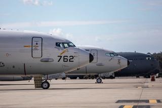 A US Navy and a Royal Australian Air Force P-8A Poseidon Maritime Patrol aircraft on the flight line at RAAF Base Amberley as part of Exercise Talisman Sabre 23