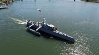 Sea Hunter, a new class of unmanned ocean-going vessel gets underway on the Williamette River, Portland, Oregon, April 2017