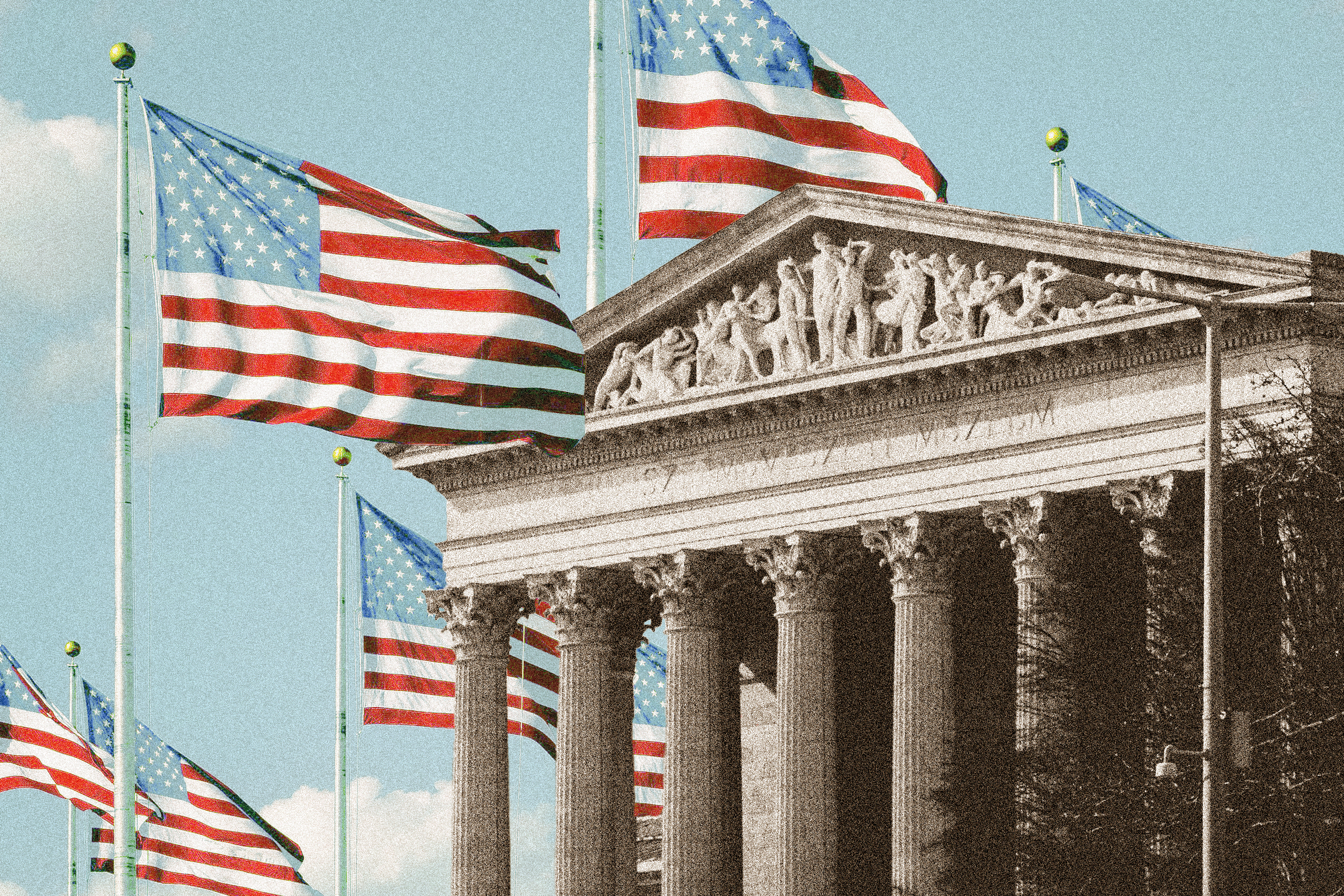 US Supreme Court building surrounded by US flags waving in the sky.