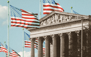 US Supreme Court building surrounded by US flags waving in the sky.