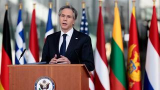 US Secretary of State Antony Blinken speaks after a meeting of NATO foreign ministers at NATO headquarters in Brussels