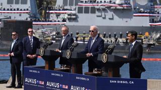 Australian Prime Minister Anthony Albanese, US President Joe Biden and British Prime Minister Rishi Sunak at a press conference about AUKUS, San Diego, March 2023