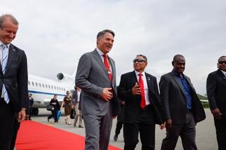 Deputy Prime Minister Richard Marles is welcomed to Honiara by Solomon Islands Supervising Foreign Minister Peter Shanel Agovaka in June 2023