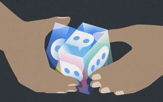 Two hands using a rubiks cube with message icons on it.